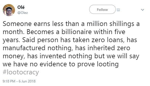 Olé olez follow someone earns less than a million shillings a month. becomes a b