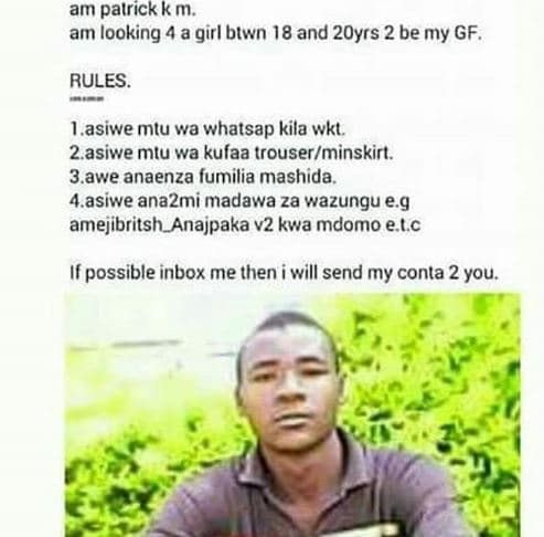 Am palrick k m am looking 4 a girl blwn 18 and 2oyrs 2 be my gf. rules. asiwe ml