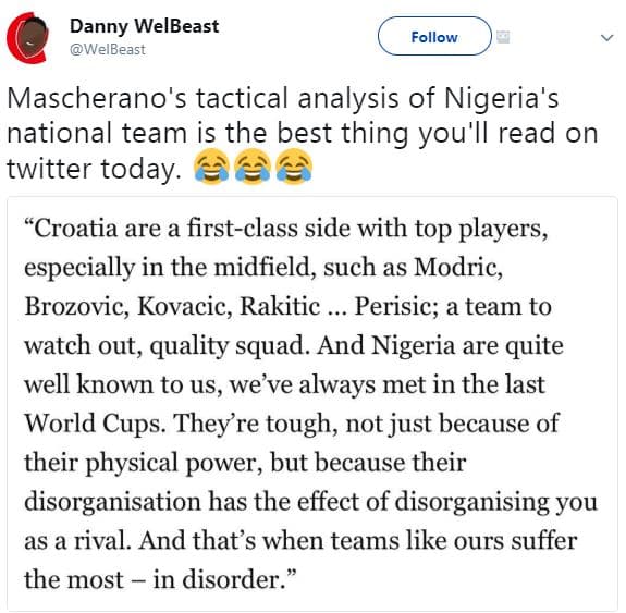 Danny welbeast welbeast follow mascherano's tactical analysis of nigeria's natio