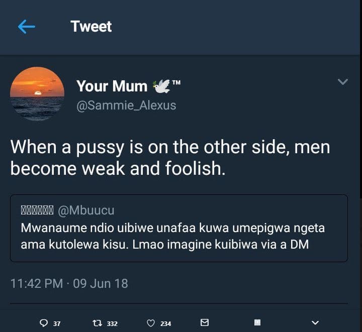 Tweet your mum sammie_alexus when a pussy is on the other side men become weak a