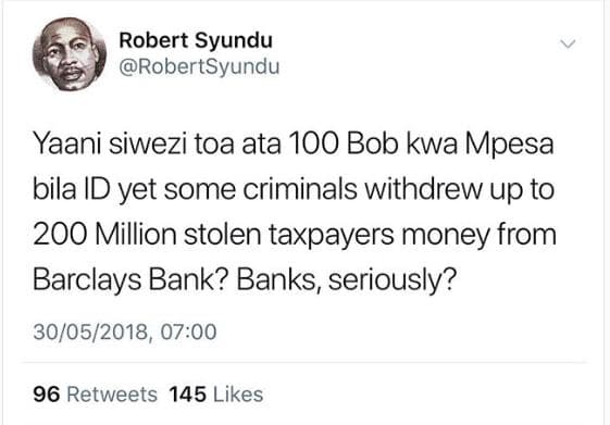 Robert syundu robertsyundu yaani siwezi toa ata 100 bob kwa mpesa bila id yet so