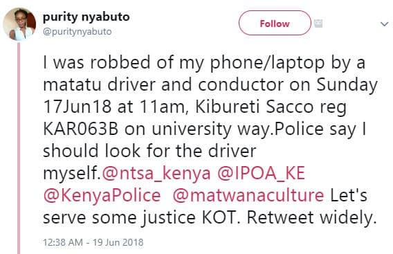 Purity nyabuto puritynyabuto follow was robbed of my phonelaptop by a matatu dri