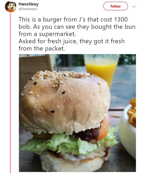 Henchboy trackmann follow this is a burger from js that cost bob. as you can see