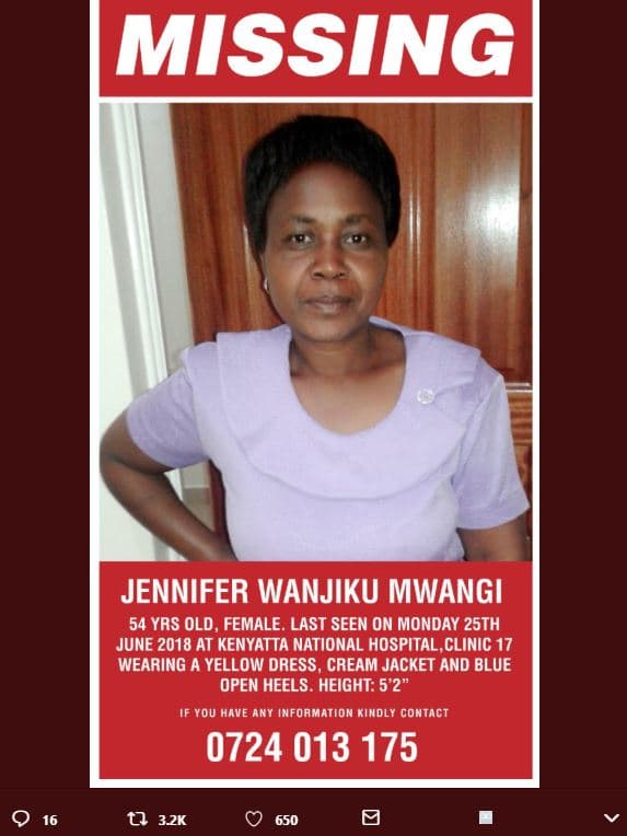 Missing jennifer wanjiku mwangi 54 yrs old , female. last seen on monday 25th ju
