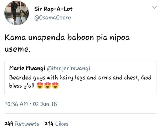 Sir rapalot osamaotero kama unapenda baboon pia nipoa useme marie mwangi itsnjer