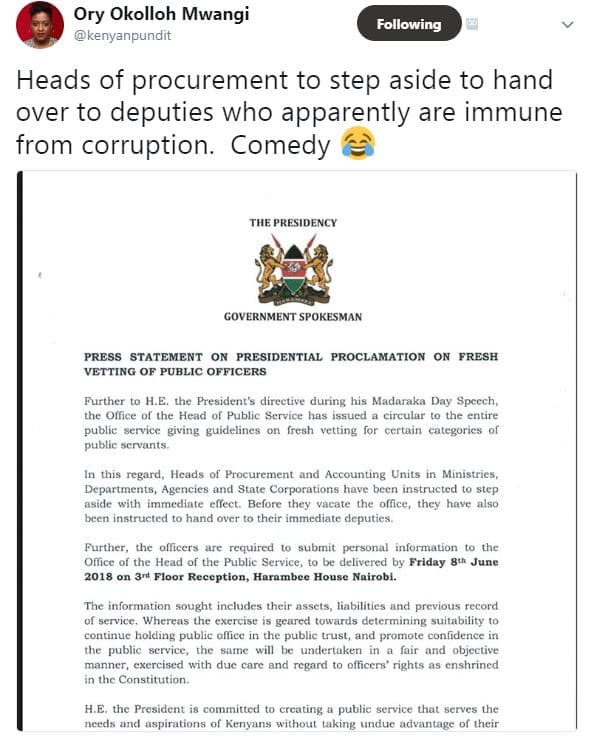 Ory okolloh mwangi kenyanpundit following heads of procurement to step aside to