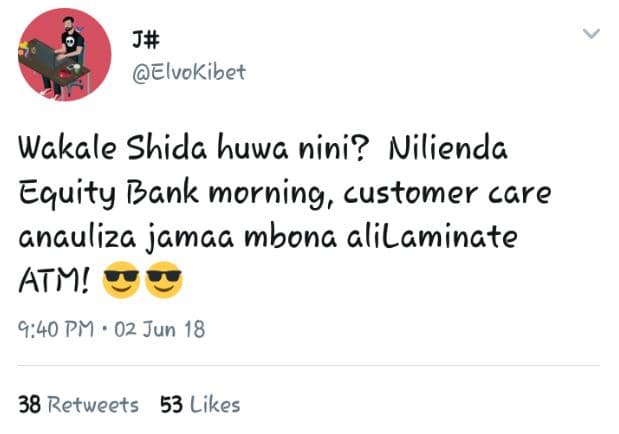 J elvokibet wakale shida huwa nini? nilienda equity bank morning, customer care