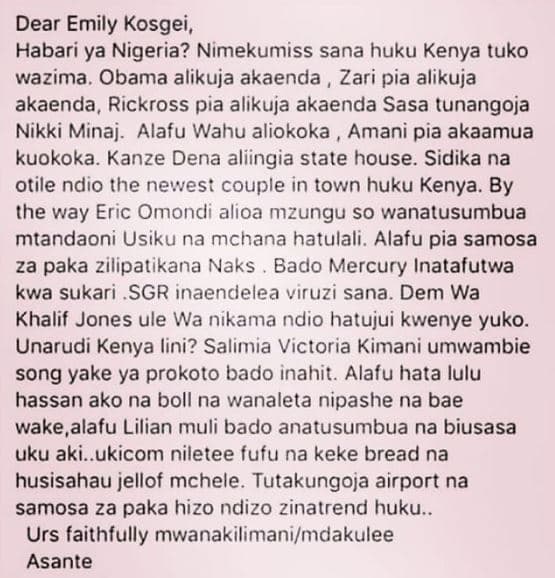 Dear emily kosgei, habari ya nigeria? nimekumiss sana huku kenya tuko wazima. ob