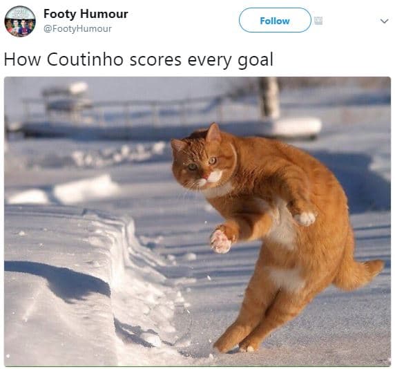 Footy humour footyhumour follow how coutinho scores every goal