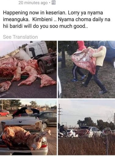 20 minutes ago happening now in keserian. lorry ya nyama imeanguka. kimbieni nya