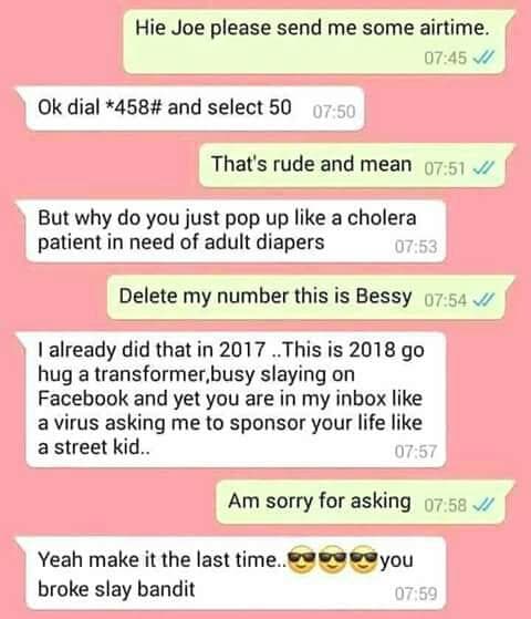 Hie joe please send me some airtime 07,45 ok dial 458 and select 50 0750 that's