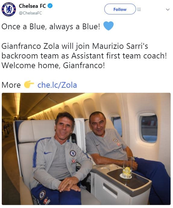 Chelsea fc chelseafc follow once a blue always a blue! gianfranco zola will join
