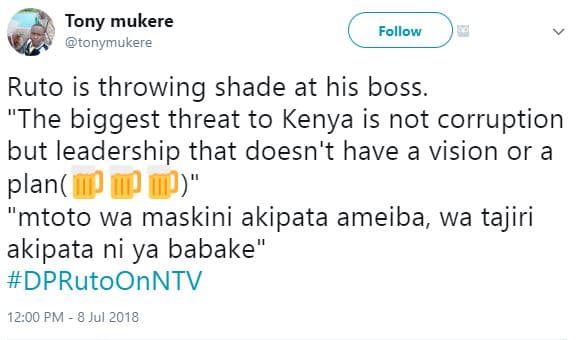 Tony mukere tonymukere follow ruto is throwing shade at his boss. 'the biggest t
