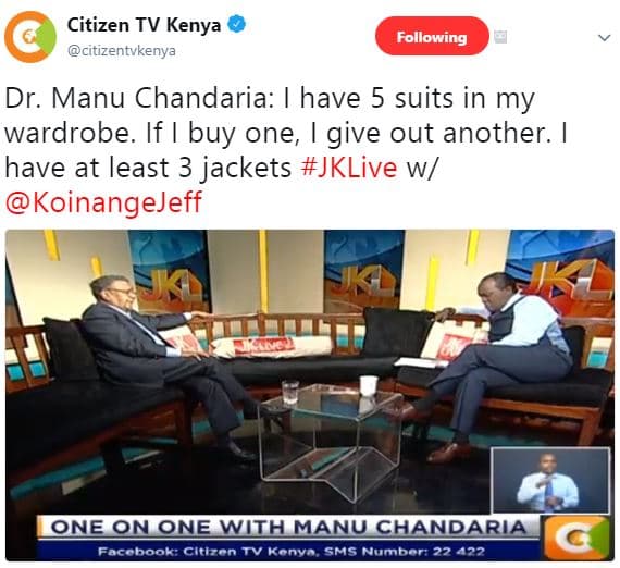 Citizen tv kenya citizentvkenya following dr. manu chandaria have 5 suits in my