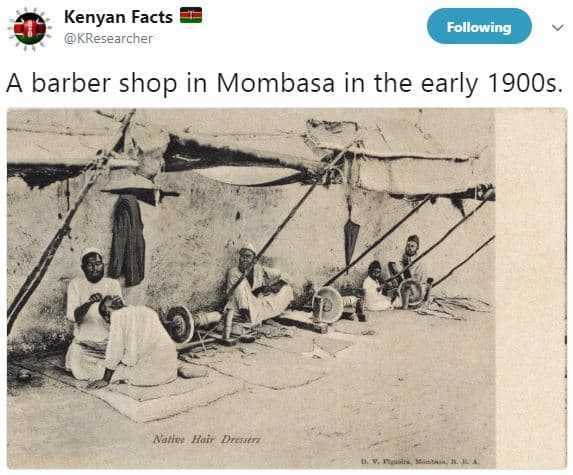 Kenyan facts kresearcher following a barber shop in mombasa in the early 1900s.