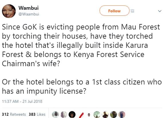 Wambui waambui follow since gok is evicting people from mau forest by torching t