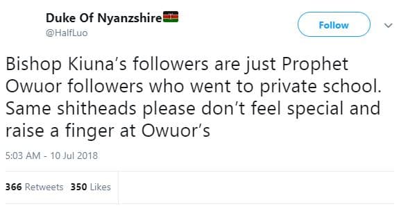 Duke of nyanzshire halfluo follow bishop kiuna's followers are just prophet owuo