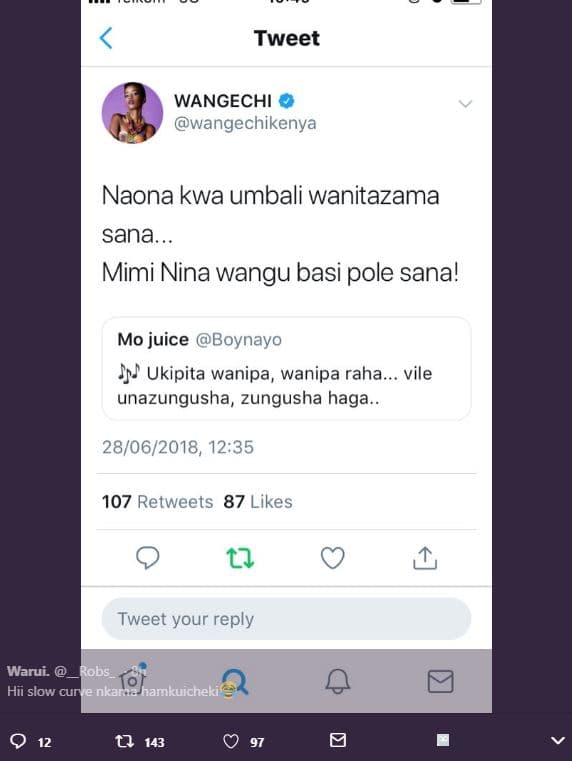 Tweet wangechi wangechikenya naona kwa umbali wanitazama sana mimi nina wangu ba