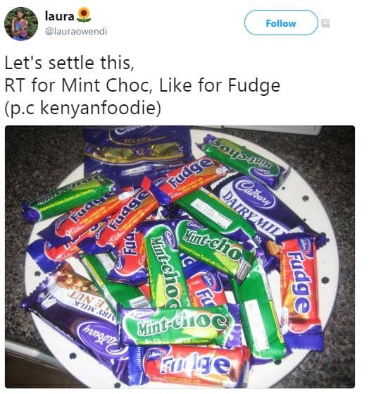 Laura lauraowendi follow let's settle this, rt for mint choc like for fudge p.c