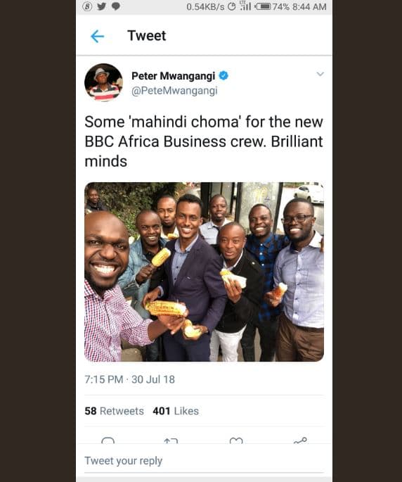 0.54kbs tl 74 8.44 am tweet peter mwangangi petemwangangi some 'mahindi choma' f