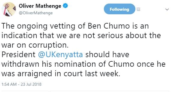Oliver mathenge olivermathenge following the ongoing vetting of ben chumo is an