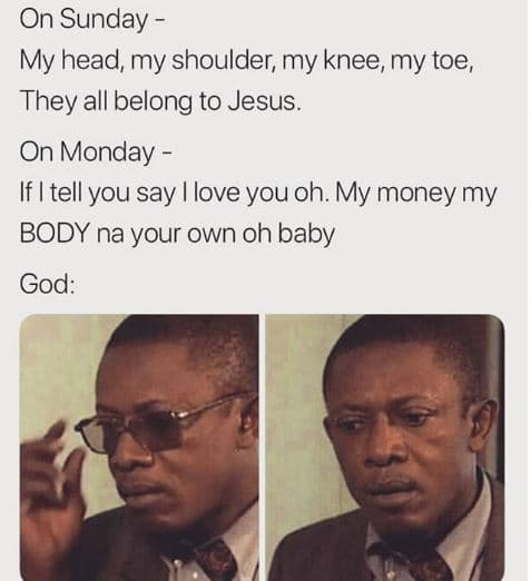 On sunday my head, my shoulder my knee my toe, they all belong to jesus on monda