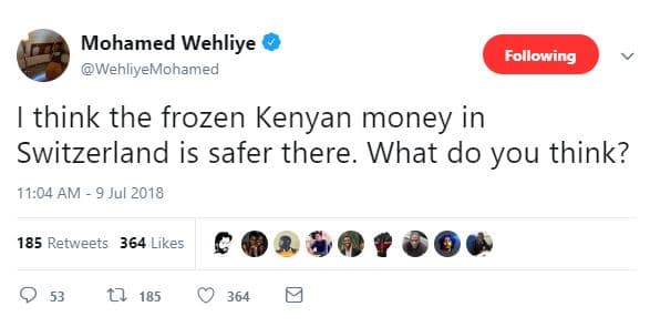 Mohamed wehliye wehliyemohamed following think the frozen kenyan money in switze