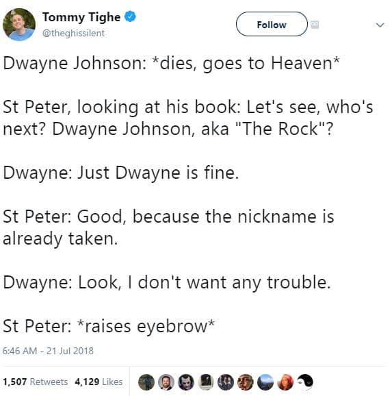 Tommy tighe theghissilent follow dwayne johnson dies, goes to heaven st peter, l