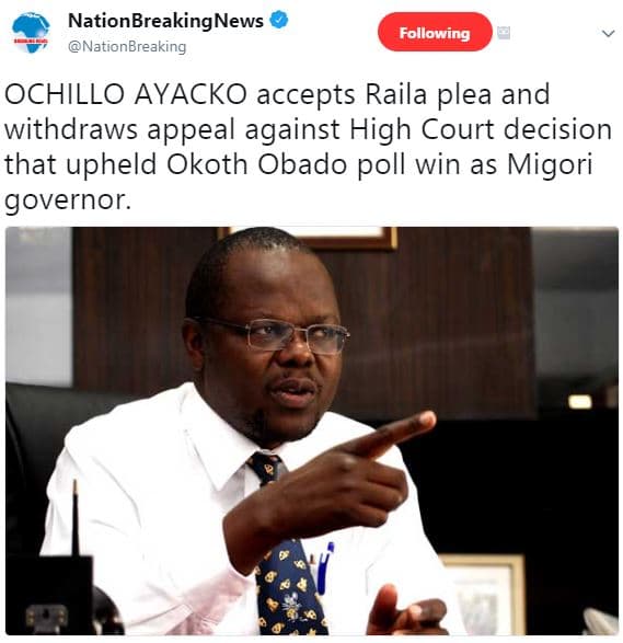 Nationbreakingnews nationbreaking following ochillo ayacko accepts raila plea an