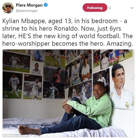 Piers morgan 'piersmorgan following kylian mbappe aged 13, in his bedroom shrine