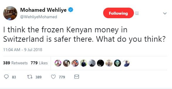 Mohamed wehliye wehliyemohamed following think the frozen kenyan money in switze