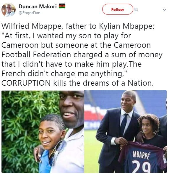 Duncan makori engnrdan follow wilfried mbappe father to kylian mbappe at first,