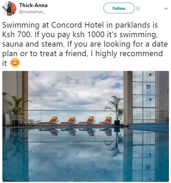 Thickanna rosekamau _ follow swimming at concord hotel in parklands is ksh 700.