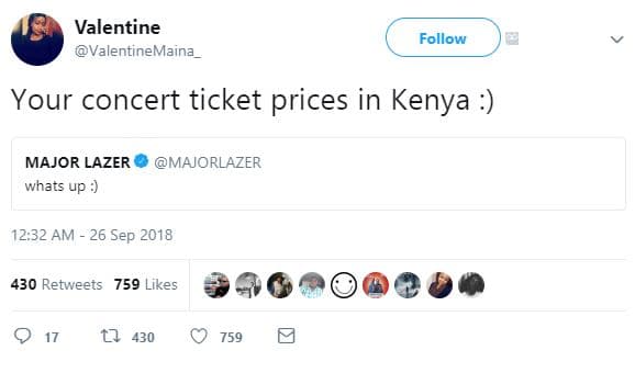 Valentine valentinemaina follow your concert ticket prices in kenya major lazer