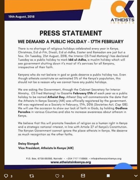 I9th august, atheists press statement we demand a public holiday i7th february i