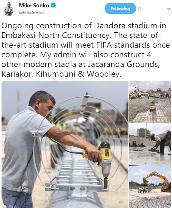 Mike sonko mikesonko following ongoing construction of dandora stadium in embaka