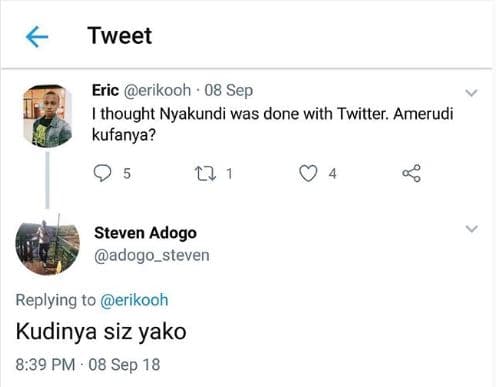 Tweet eric erikooh 08 sep ithought nyakundi was done with twitter. amerudi kufan