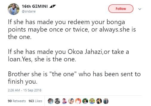 16th gemini sndaire follow if she has made you redeem your bonga points maybe on