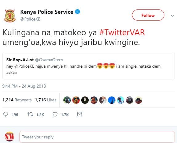 Kenya police service policeke follow kulingana na matokeo ya twittervar umeng'oa