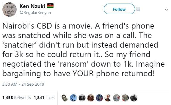 Ken nzuki regularkenyan follow nairobi's cbd is a movie. a friend's phone was sn