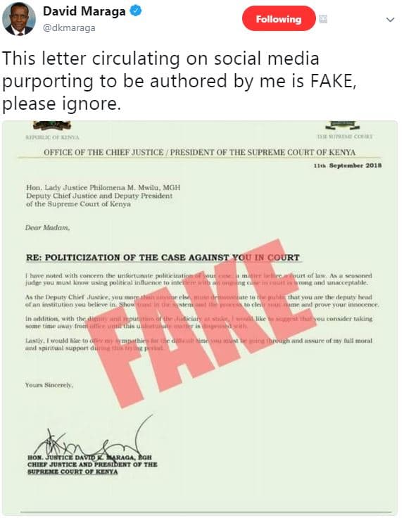 David maraga dkmaraga following this letter circulating on social media purporti