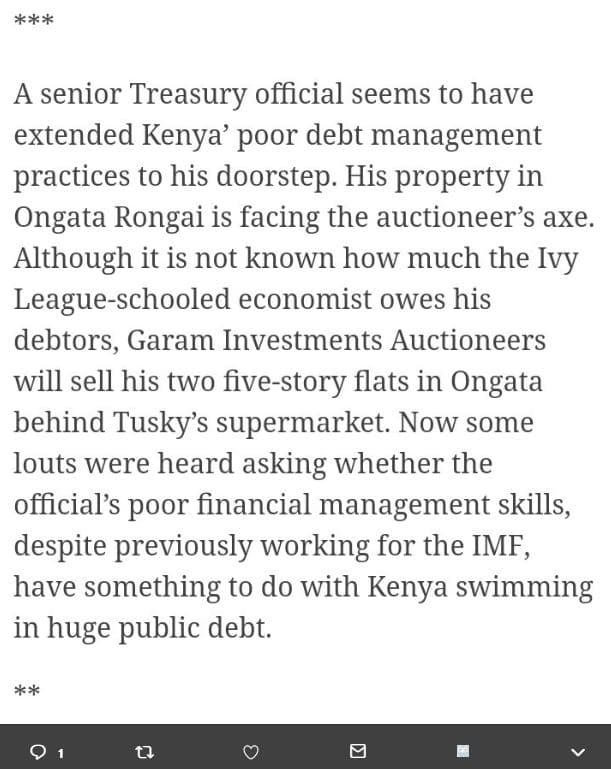 A senior treasury official seems to have extended kenya' poor debt management pr