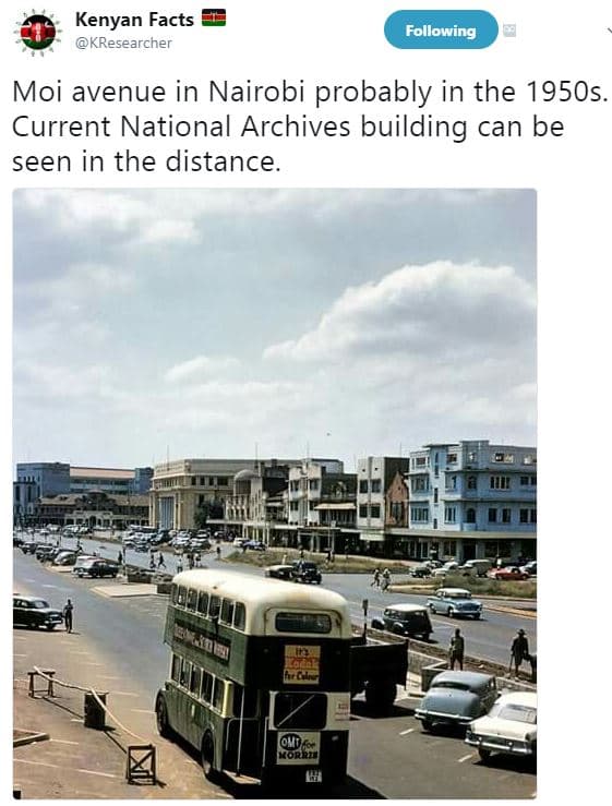 Kenyan facts kresearcher following moi avenue in nairobi probably in the 1950s.