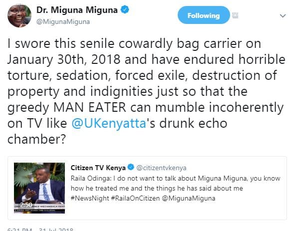 Dr. miguna miguna migunamiguna following swore this senile cowardly bag carrier