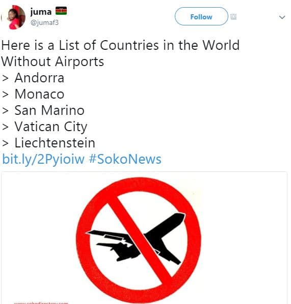 Juma jumaf3 follow here is a list of countries in the world without airports and