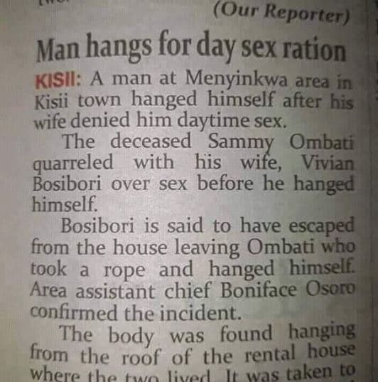 Our reporter man hangs for 'day sex ration kisii a man at menyinkwa area in kisi