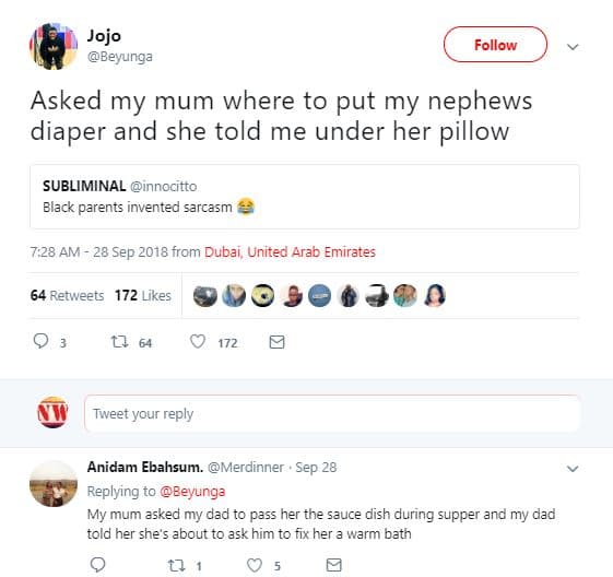 Jojo beyunga follow asked my mum where to put my nephews diaper and she told me