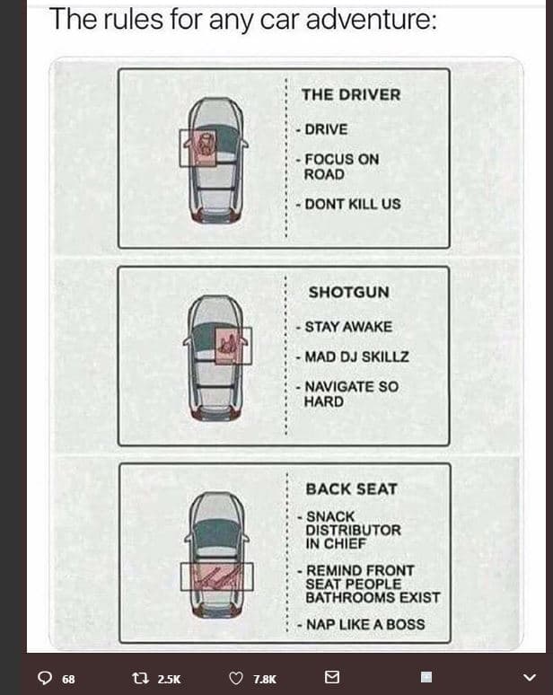 The rules for any car adventure the driver drive focus on road dont kill us shot
