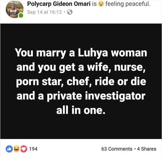 Polycarp gideon omari is feeling peaceful. sep 14 at 1612 you marry a luhya woma