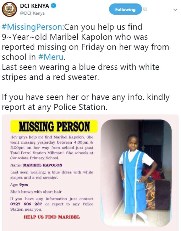 Dci kenya dci_ kenya following missingpersoncan you help us find 9yearold maribe